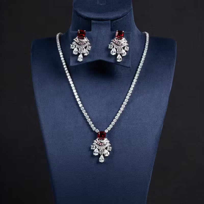 Crimson Elegance Necklace & Earring Set with Ruby Red Accents