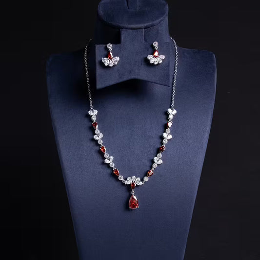 Elegant Red Gemstone & Crystal Necklace Set