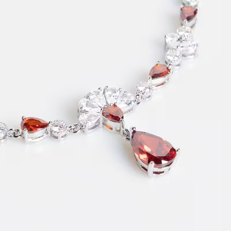 Elegant Red Gemstone & Crystal Necklace Set