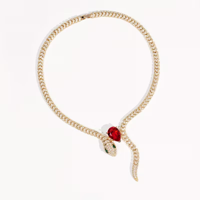 Serpent Gold Necklace & Earring Set with Red Gemstone