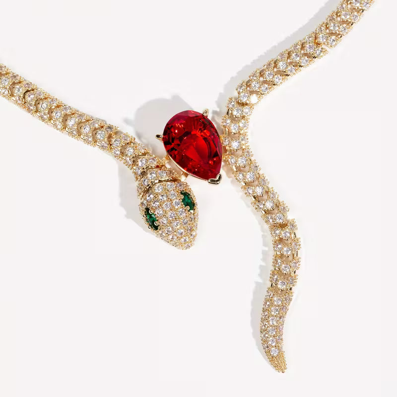 Serpent Gold Necklace & Earring Set with Red Gemstone